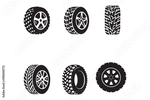 Car wheel icons set, alloy rim designs collection, automotive tire symbols outline and solid vector
