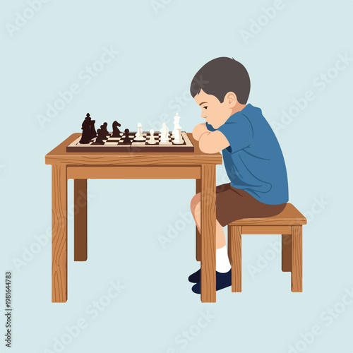 A thoughtful young boy sits at a wooden table contemplating a game of chess