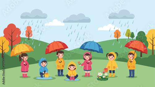Group of school children wearing colorful raincoats and holding umbrellas while playing and watering flowers in a rainy outdoor landscape.