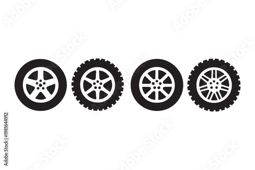 Car wheel icons set, alloy rim designs collection, automotive tire symbols outline and solid vector