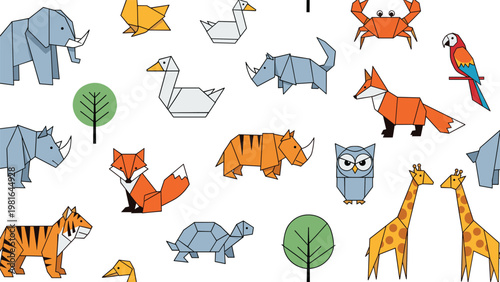 Seamless pattern of various origami animals like elephants tigers foxes and giraffes folded from paper on a clean white background design.