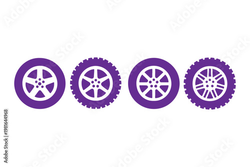 Black and white illustrations of car tires with different wheel designs isolated on white background
