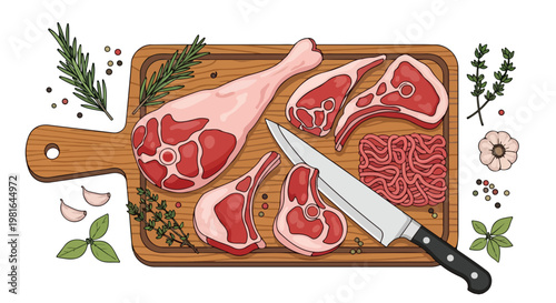 Assorted raw lamb cuts, ground meat, and a kitchen knife on a wooden board