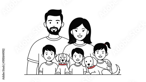 Happy family portrait featuring a father mother three children and two pet dogs in a simple black and white line art style with red accents.