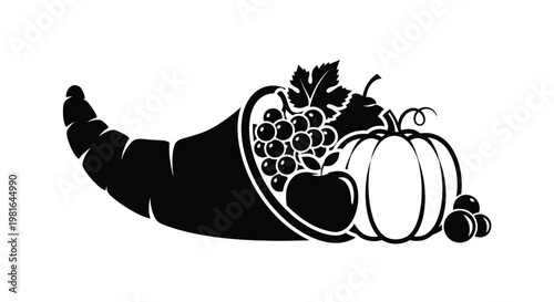 Classic black and white cornucopia overflowing with autumn harvest fruits and vegetables, symbolizing thanksgiving.