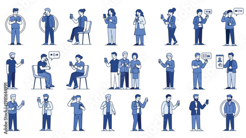 Large group of people using their mobile phones for texting calling and browsing in various poses depicted in blue monochrome silhouettes.
