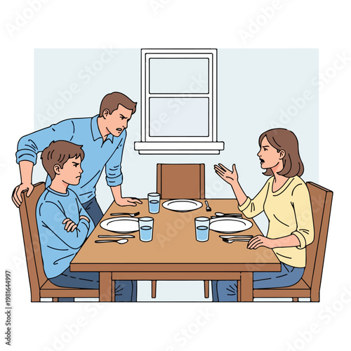 An angry family having a heated argument while sitting around the dinner table