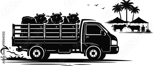 Flatbed truck loaded with produce or goods driving away from a market road transport delivery commercial logistics shipping agriculture industrial commerce distribution