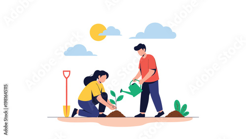 Young couple working together to plant a small tree in soil under a bright sunny sky with fluffy clouds overhead.