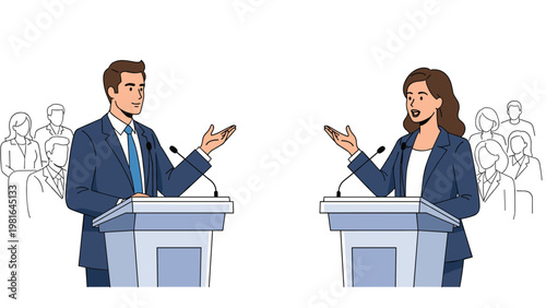 Political candidates engaging in a public debate while standing at podiums with microphones in front of a diverse audience.