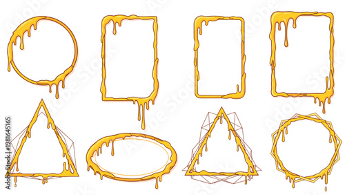 Collection of different geometric frames like circles and triangles featuring thick golden honey dripping from the top edges.