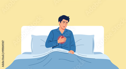 A man in pajamas sitting in bed and holding his chest in pain from heartburn