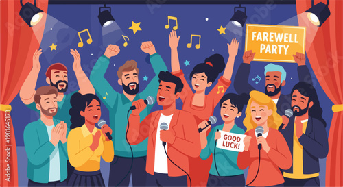 A group of happy friends singing karaoke together on a brightly lit stage