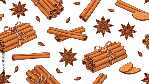 Seamless pattern design featuring aromatic cinnamon sticks tied with string and star anise spice on a plain white background.