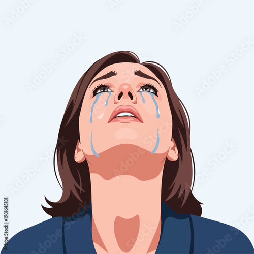A digital illustration of a distraught woman looking up with tears streaming down