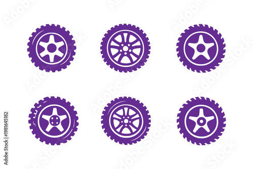 Black and white illustrations of car tires with different wheel designs isolated on white background