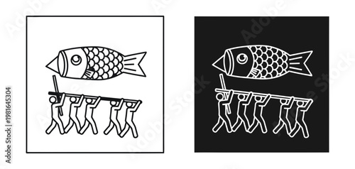 Cultural Japanese Koinobori festival icons, carp streamer windsock vector, traditional holiday celebration – Minimal Line Art