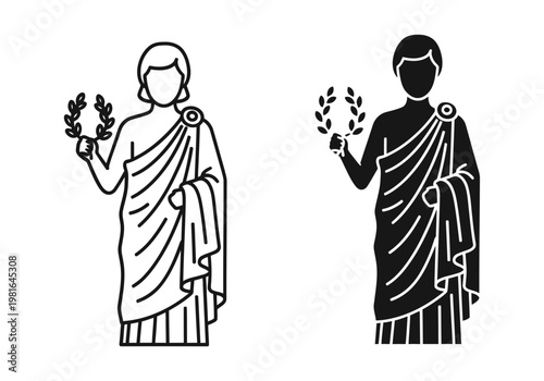 Cultural Ancient Greek philosopher vector, Roman senator holding laurel wreath, classical man in toga – Minimal Line Art