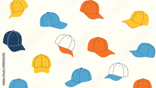 Colorful pattern of classic baseball caps in shades of yellow, blue, orange, and white scattered across a beige background.