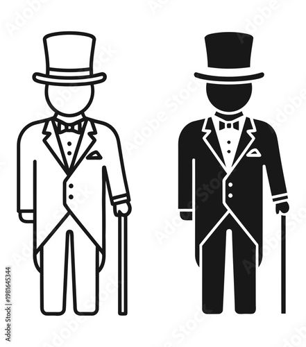 Cultural Vintage gentleman icons, elegant man in tuxedo and top hat, formal groom vector – Minimal Line Art