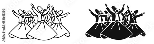 Cultural Whirling dervishes vector illustration, sufi dance ceremony, islamic spiritual ritual silhouettes – Minimal Line Art