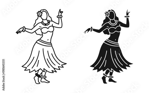 Cultural Hawaiian hula dancer vector icons, tropical island girl silhouette, traditional luau dance character – Minimal Line Art