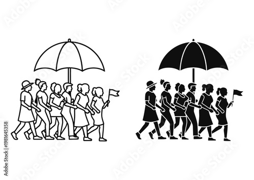 Cultural Tour group walking with umbrella, tourist guide with flag vector, travel excursion icons – Minimal Line Art
