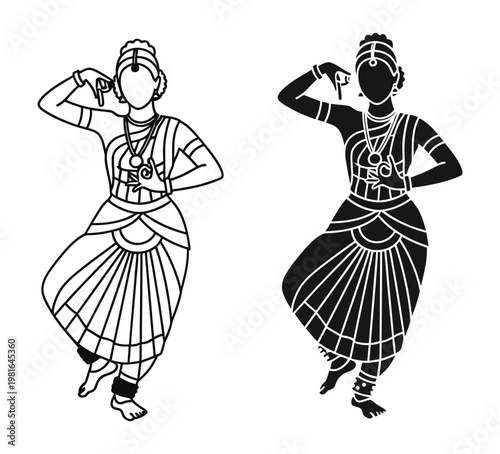 A woman performing a Bharatanatyam dance with a mudra hand sign silhouette – Minimal Line Art