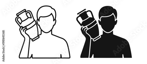 Cultural Ancient Greek amphora icon, man holding pottery vase, archaeological museum vector set – Minimal Line Art