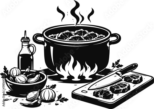 Hot stew cooking in a pot with ingredients cutting board ingredients vegetables preparation homemade traditional appetite delicious culinary roasting