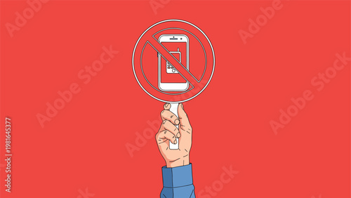 Human hand holding a round red and white sign with a prohibition symbol over a mobile phone icon on a red background.