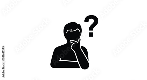Silhouette of a person thinking deeply while pondering a question mark symbol in a minimal black design