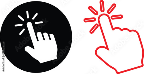 Vector icons of hand cursor clicking on button with effect