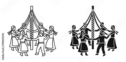 Cultural Traditional maypole dance vector, folk festival celebration, people dancing with ribbons – Minimal Line Art