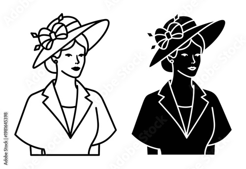 Cultural Vintage woman portrait vector, elegant lady in wide brim hat, retro female silhouette icon – Minimal Line Art