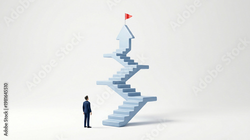 Businessman looking up at a winding staircase with a red flag on top isolated on transparent background