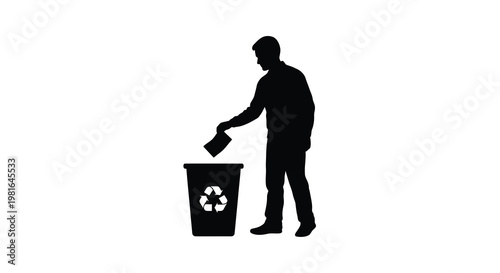 Silhouette of a man discarding trash into a recycling bin