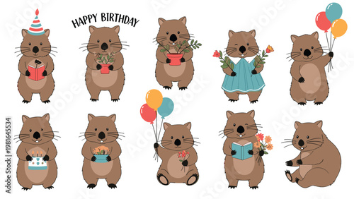 Adorable set of cartoon wombats celebrating a birthday with cakes, flowers, balloons, and books in a cute friendly style.