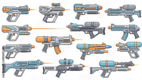Extensive set of futuristic water blasters and squirt guns in various cool designs, sizes, and blue and orange colors.