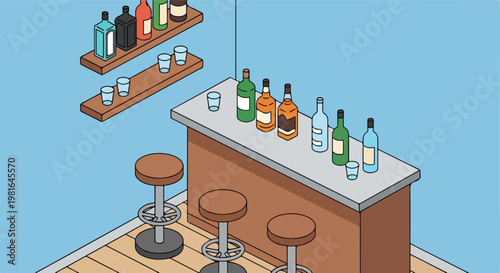 Isometric illustration of a bar counter with liquor bottles and wooden stools