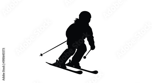 Silhouette of a skier in motion against a bright white background