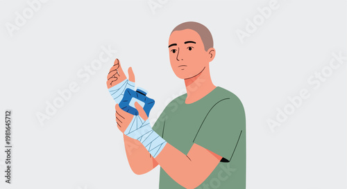 A young person applies a blue ice pack to their hand wrapped in medical gauze
