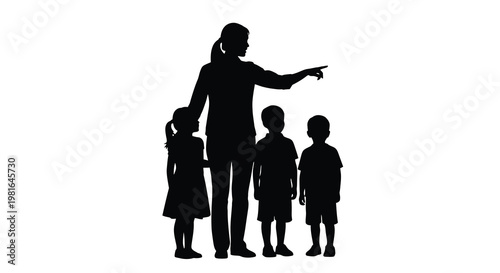 Silhouette of a mother with three children pointing towards something