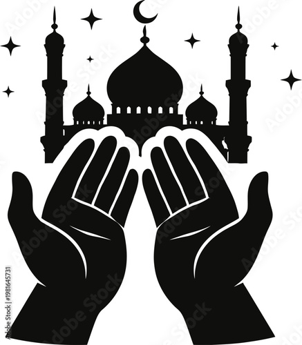 Praying hands in front of mosque and stars with religion supplication spirituality architecture devotion religious spiritual