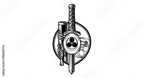 Samurai Weaponry Emblem - Traditional Japanese Katana and Crest Design
