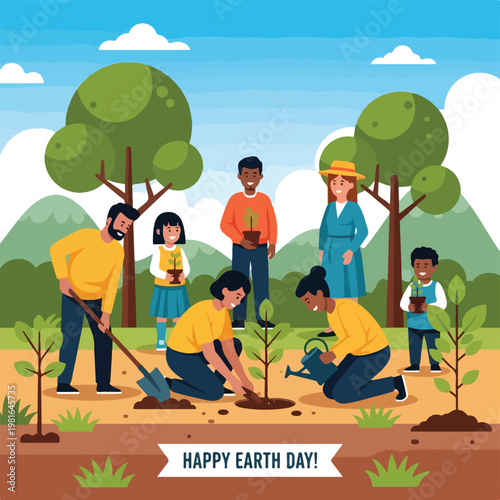 A diverse group of people planting young trees in a park for Earth Day event