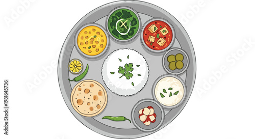 A traditional metal tray filled with various Indian bowls of food and white rice