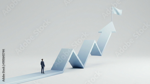 Businessman standing on a 3D zigzag arrow chart isolated on transparent background