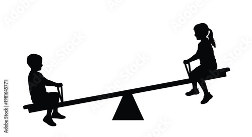Children playing on a seesaw in a simple black and white illustration