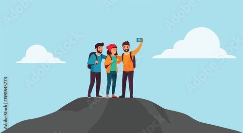 Three friends with backpacks taking a selfie on a mountain peak against blue sky